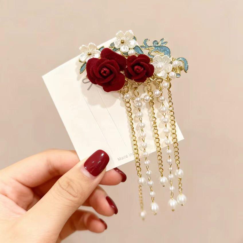 Elegant Red Rose Bridal Hairpin: Chinese Style U-Shaped Tassel Headdress