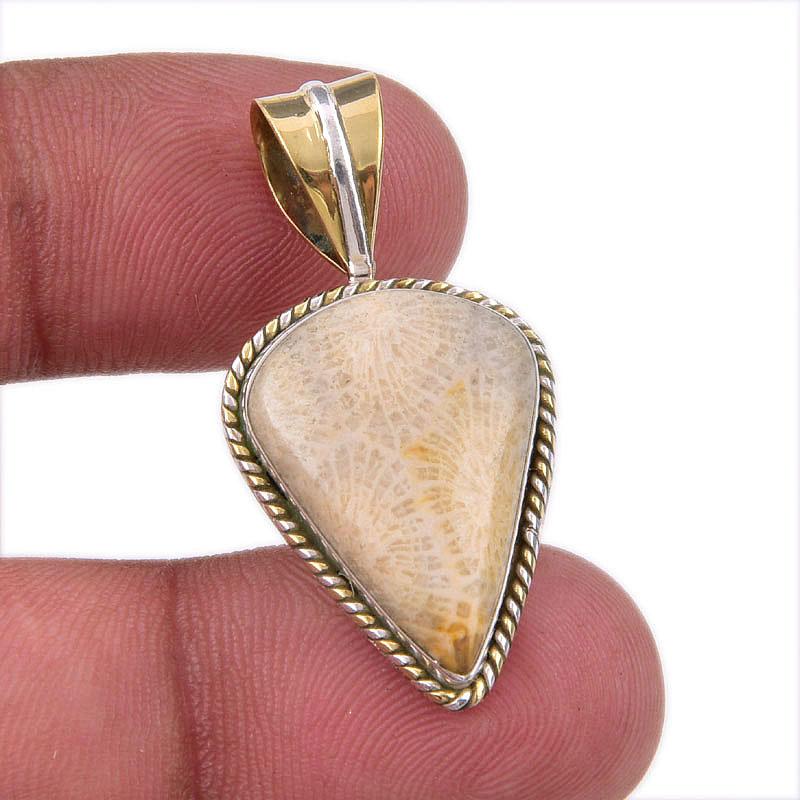 

Natural Fossil Coral 925 Solid Sterling Silver TwoTone Gift Pendant 1.50 w5R36