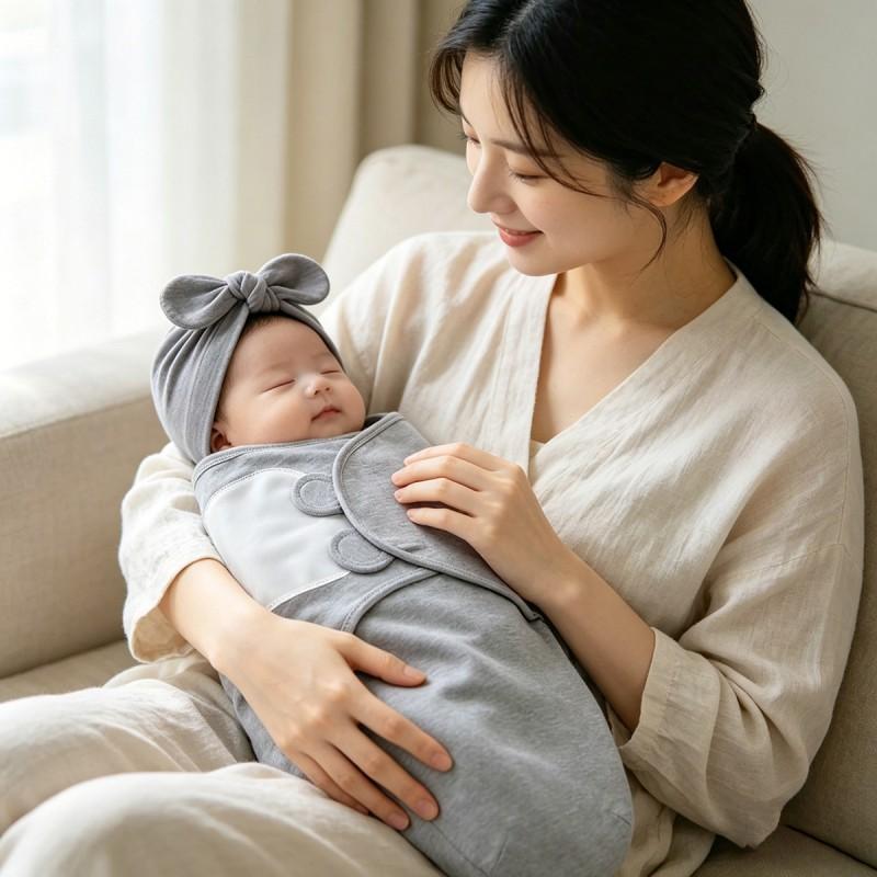Newborn Cotton Swaddle Wrap With Bow Hat Set Fall Baby Sleep Calm Startle Reflex
