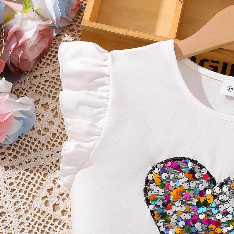Girls' Leisure Suit 2025 Spring/Summer Children's Sequin Short Skirt Love Short Sleeve Top Two-piece Set