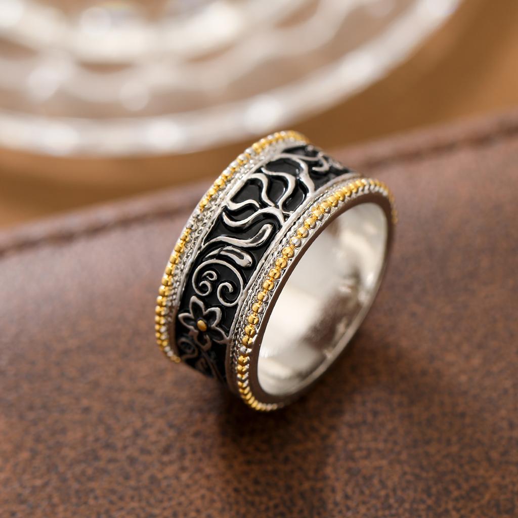 Vintage two-color flower carving ring copper material boho ethnic style women's fashion jewelry ring gift accessories