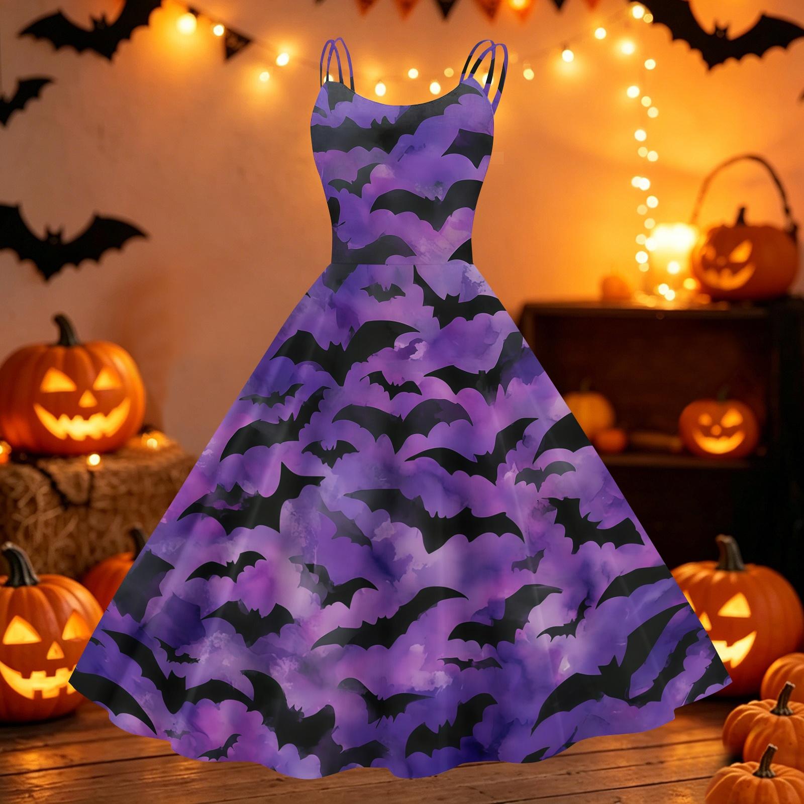 Women s Halloween Pumpkin Print Off Shoulder Dress Vintage Punk Style Flared Skirt Sleeveless Spaghetti Strap Dress XXL