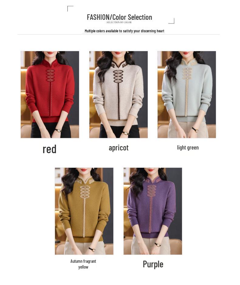 Autumn/Winter Velvet Cheongsam Collar Sweater for Middle-Aged Women - Warm, Stylish Red Top