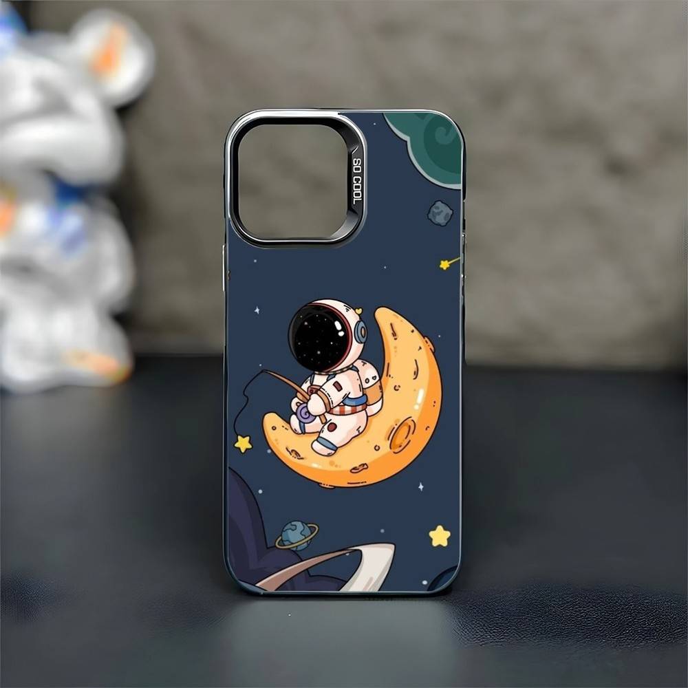 

Space Planet Moon Astronaut Phone Case For iPhone17,16,15,14,13,12,11 Pro Max Blcak Colorful Silver Plated Inside Phone Case iPhone14Plus