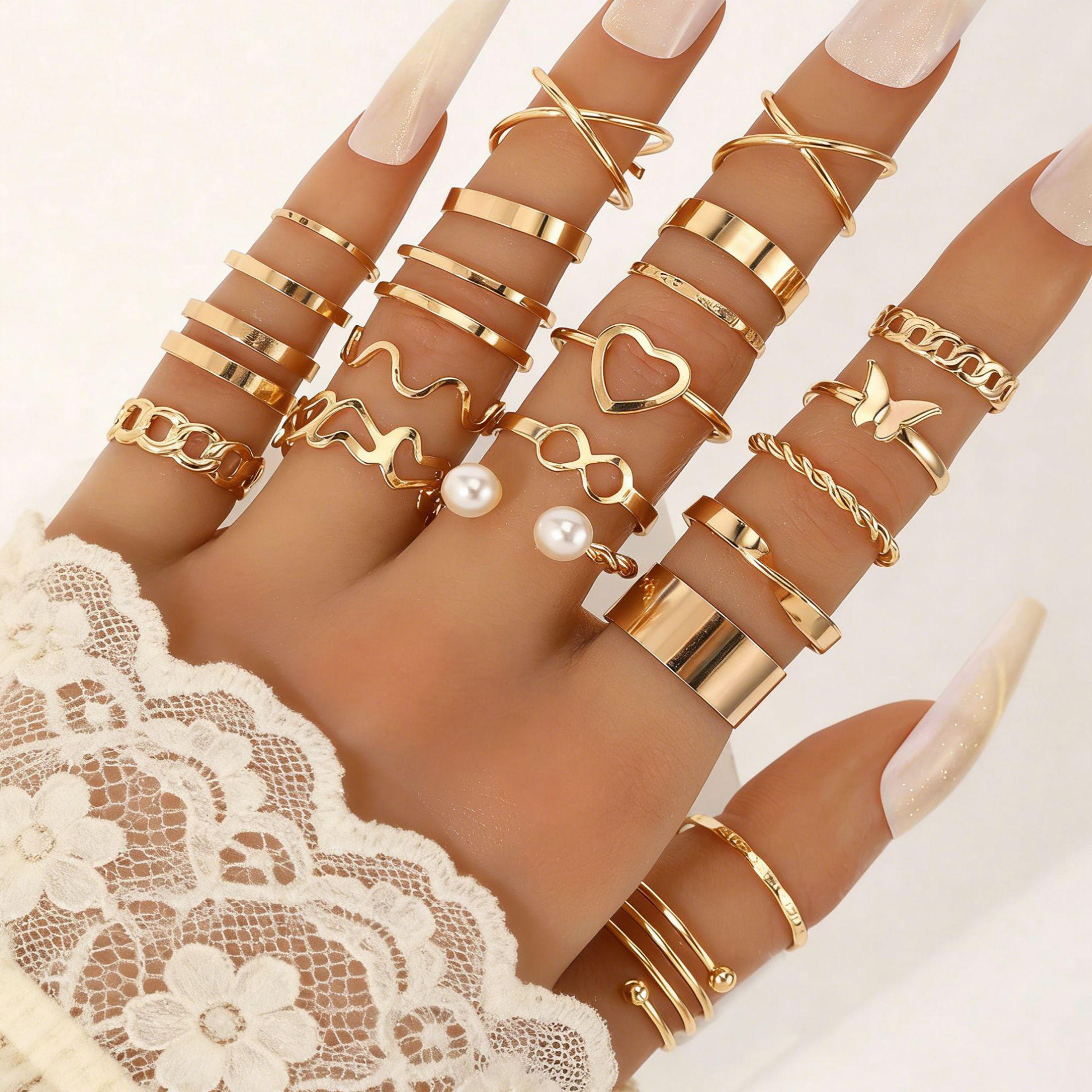 European Irregular Pearl & Geometric Gold Ring Set for Women