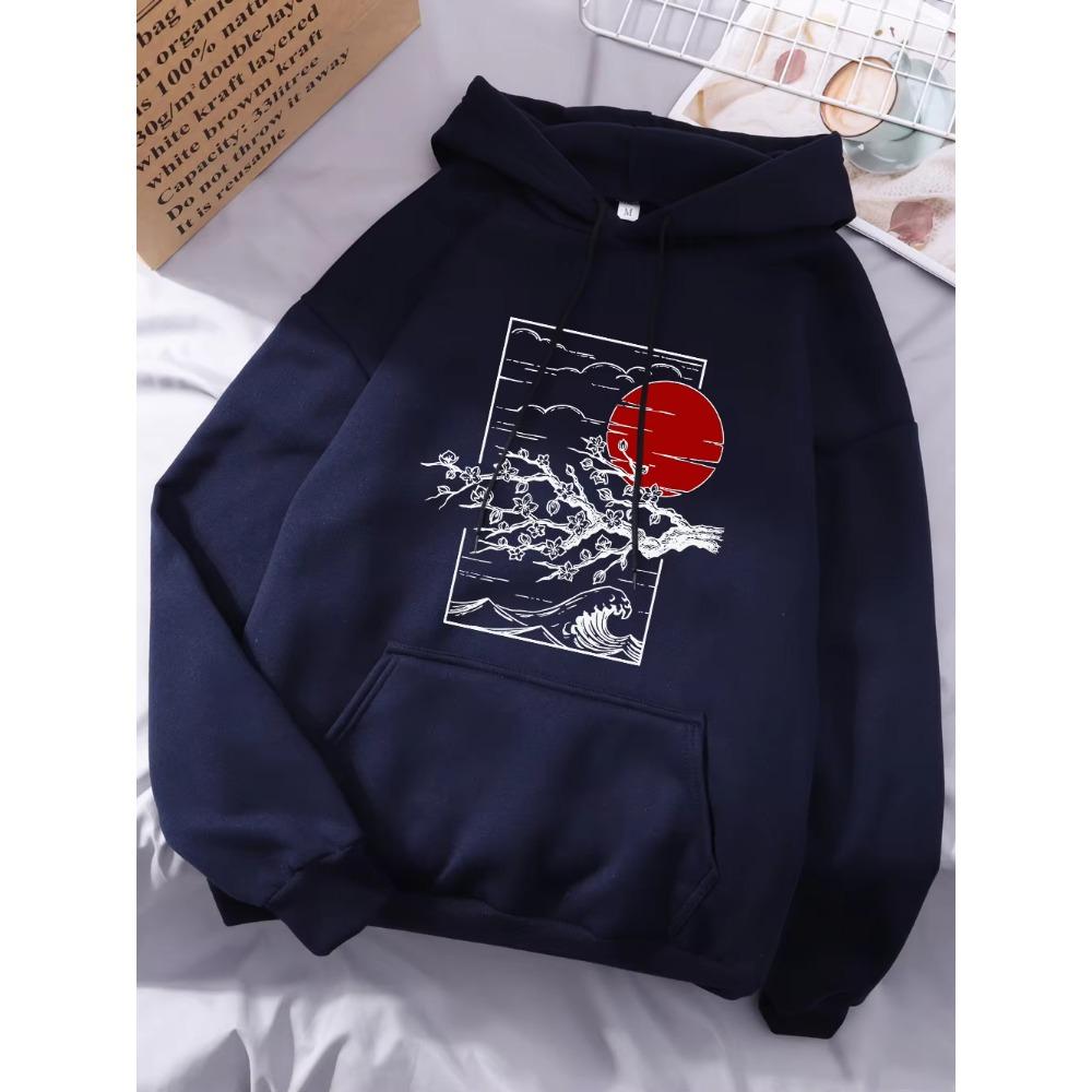 Japanese Cherry Blossoms Printing Hoodies Womens Winter Fleece Warm Sweatshirts Casual Pocket Tops Street Womans