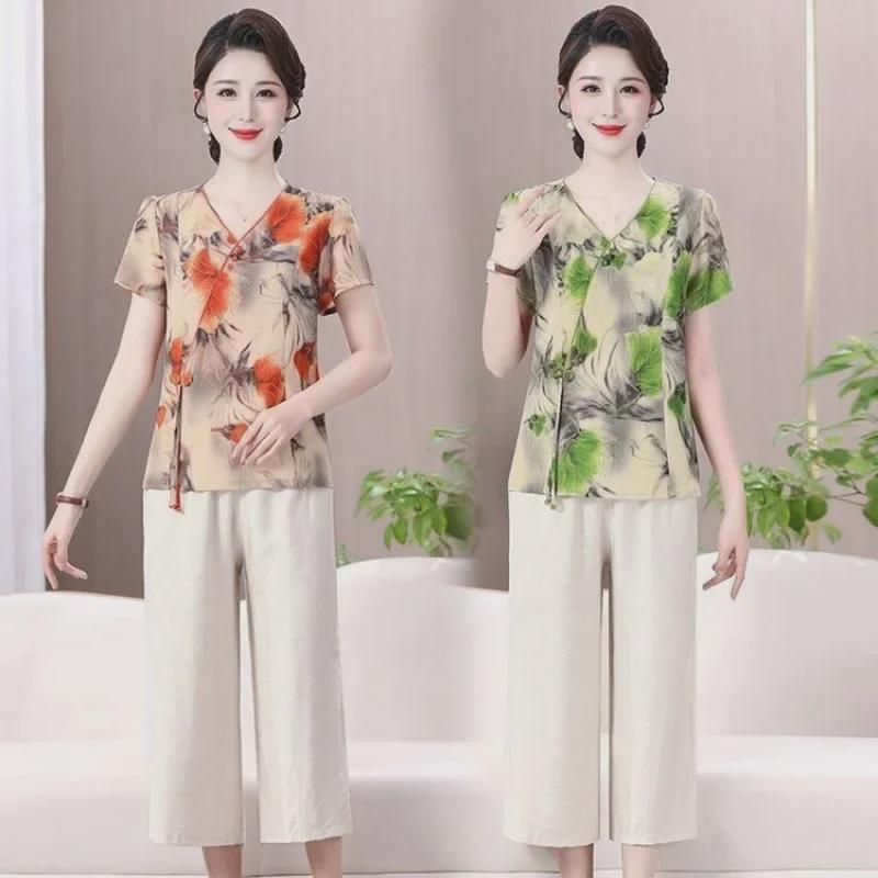 

2024 Summer Short Sleeve Cotton Linen Two-Piece Set for Women in Chinese Style 6XL [155-165 lbs]