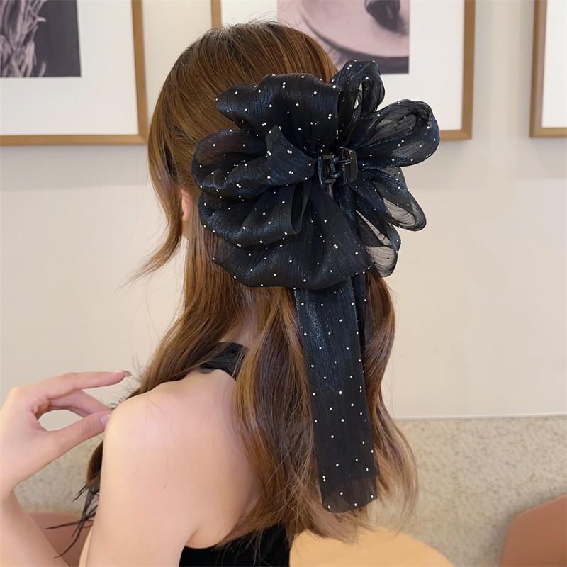 Large Summer Lace Edge Bow Claw Clip Hair Accessory for Women - Multi-Layer Feather Design