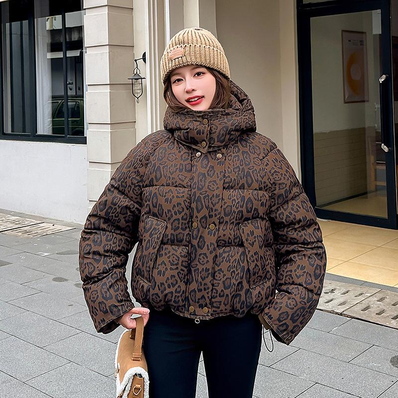 Women's Short Leopard Print Hooded Winter Jacket