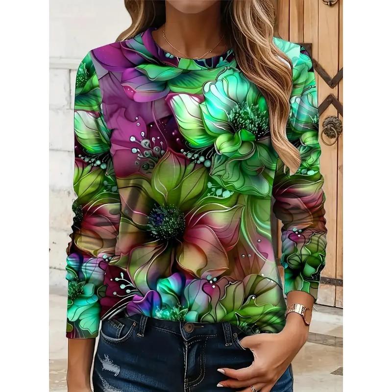 Women's 3D floral print T-shirt fashionable long-sleeved round neck regular tops holiday weekend spring and autumn