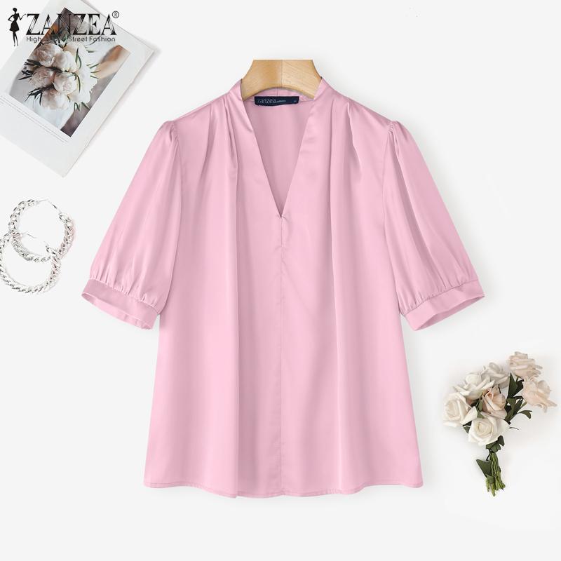 

ZANZEA Женская элегантная блузка с V-образным вырезом, коротким рукавом, повседневная, офисная 3XL розовый