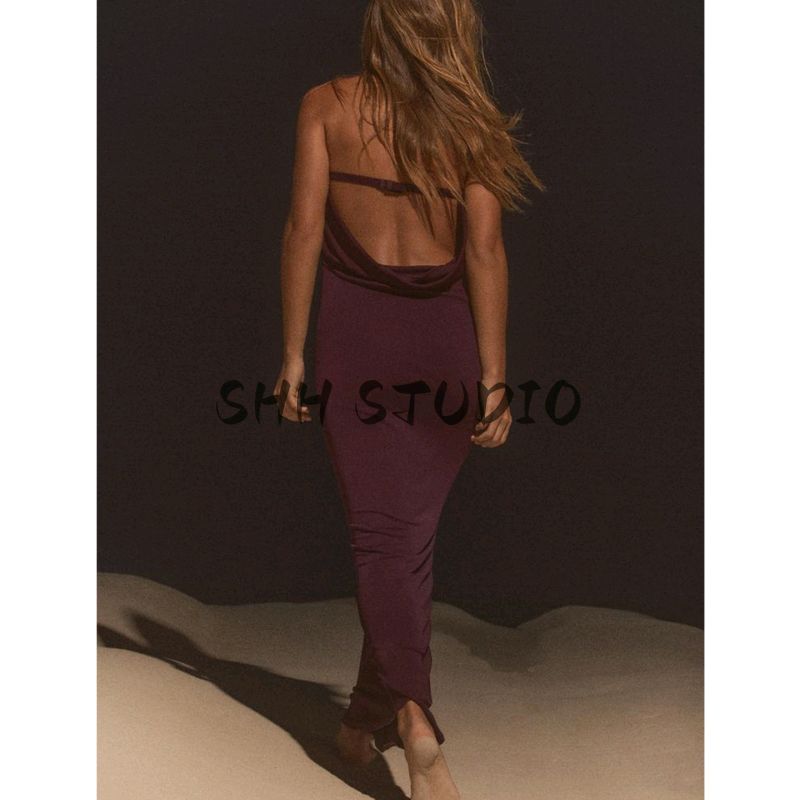 Summer Women's Pleated Draped Collar Design Strapless Straight Collar Back Sling Tube Top Long Dress 5039423