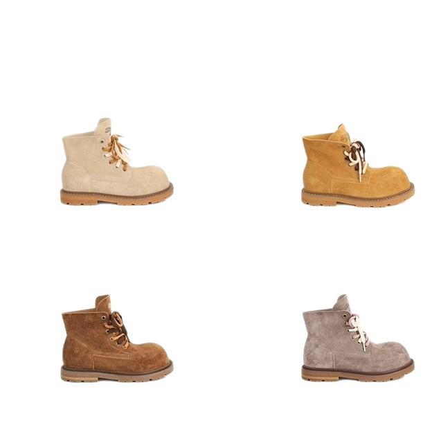 Leather Version~ Grape Mom Same Height Increase 4cm Short Boots Women's Round Head Big Yellow Boots Contrasting Color Double Shoelaces Sho