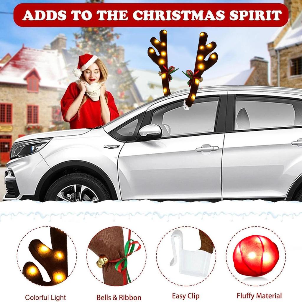 Car Antlers For Christmas LED Cute Party Supplies With Nose And Jingle Bells Christmas Car Decor For Travel Daily Special