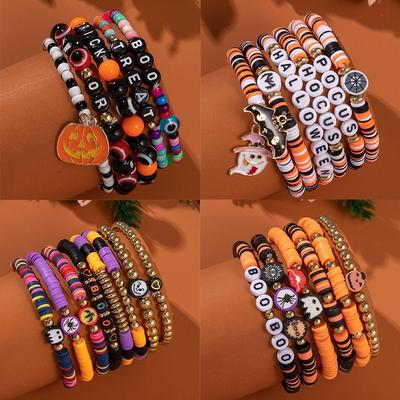 Halloween Bracelet Set Funny Pumpkin Skull Polymer Clay Stretch Beaded Bracelets Holiday Party Wrist Jewelry Gift