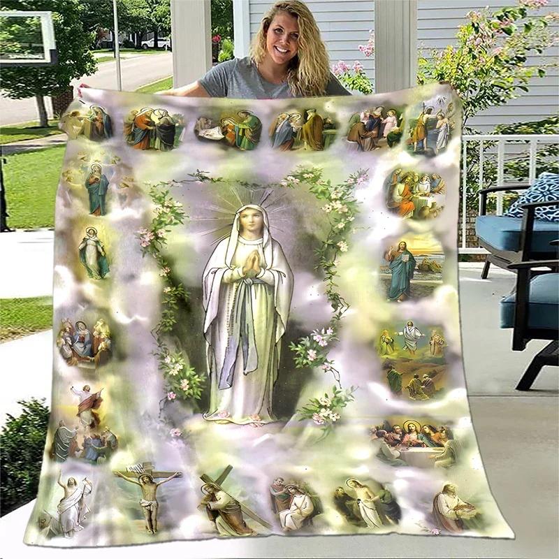 Jezus Dziewica Maria Miękki Koc do Rzucania Pościel Flanelowy Salon/Sypialnia Ciepły Koc Koc z Wizerunkiem Dziewicy Maryi Koc z Krzyżem Dom
