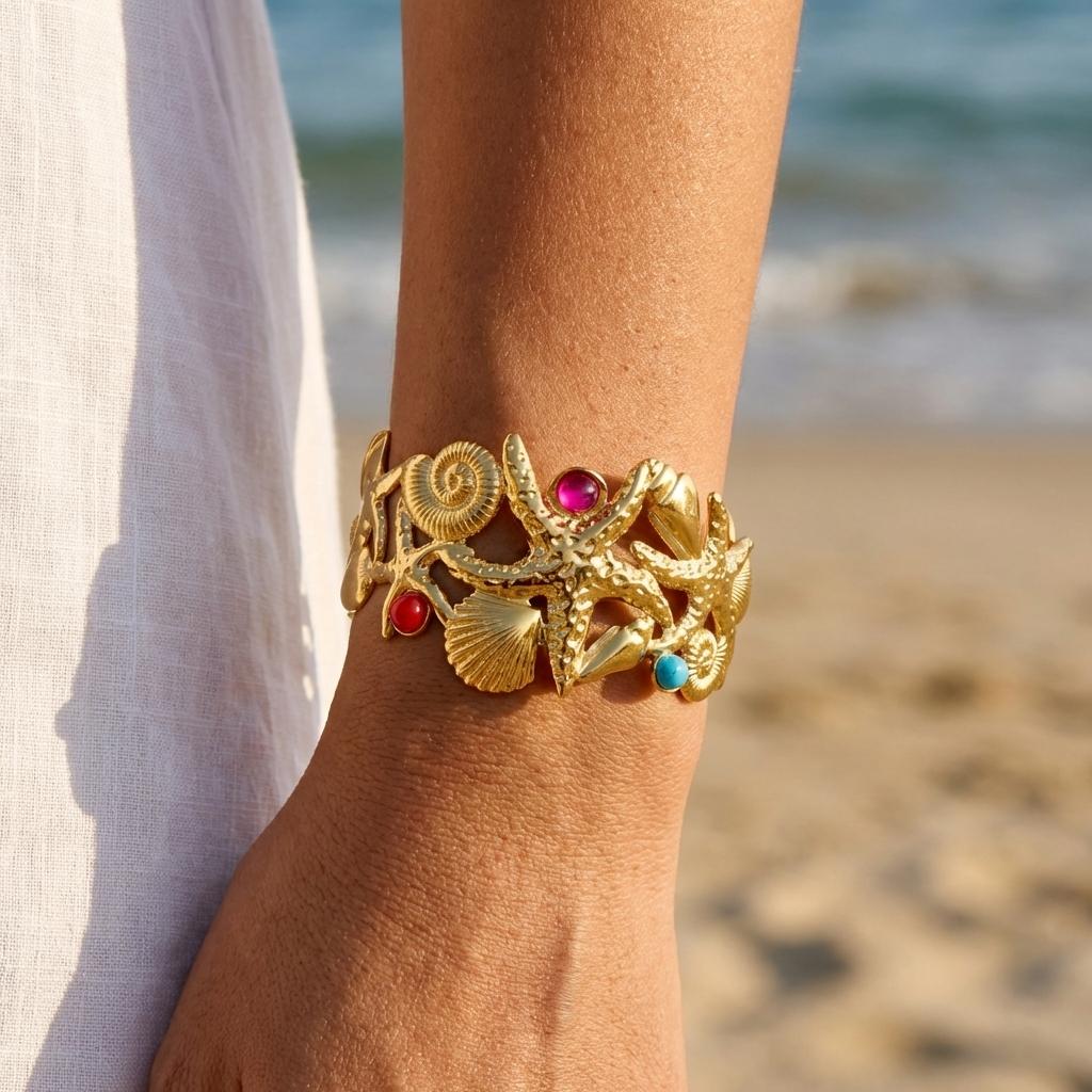 Übertriebene Metallschale Seestern Offene Armreifen für Damen Edelstahl Geometrisch Hohl Wickel Manschettenarmband Sommer Handgelenkschmuck