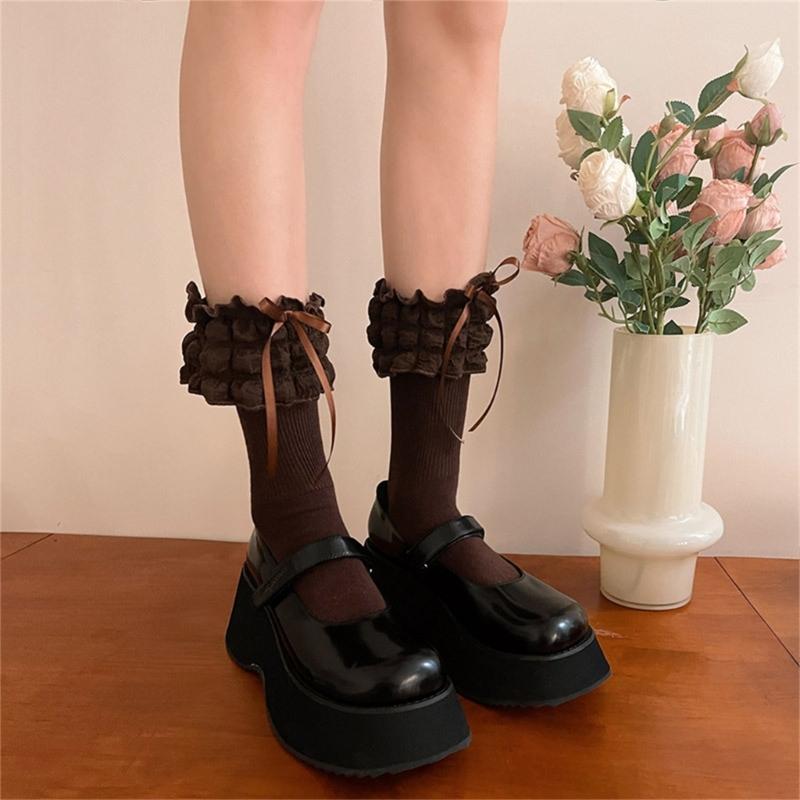 1 Pair Princess Style Dress Socks for Girls Sweet Frilly Socks Ballet Socks Ruffle Ankle Socks with Bows Lace Top Sock