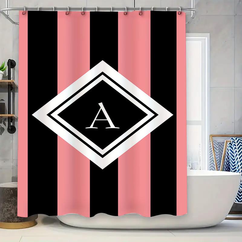 

Stylish Bathroom Decor Shower Curtain With Black Pink Stripes Monogrammed Initial A W60H190(CM)-1 Pcs