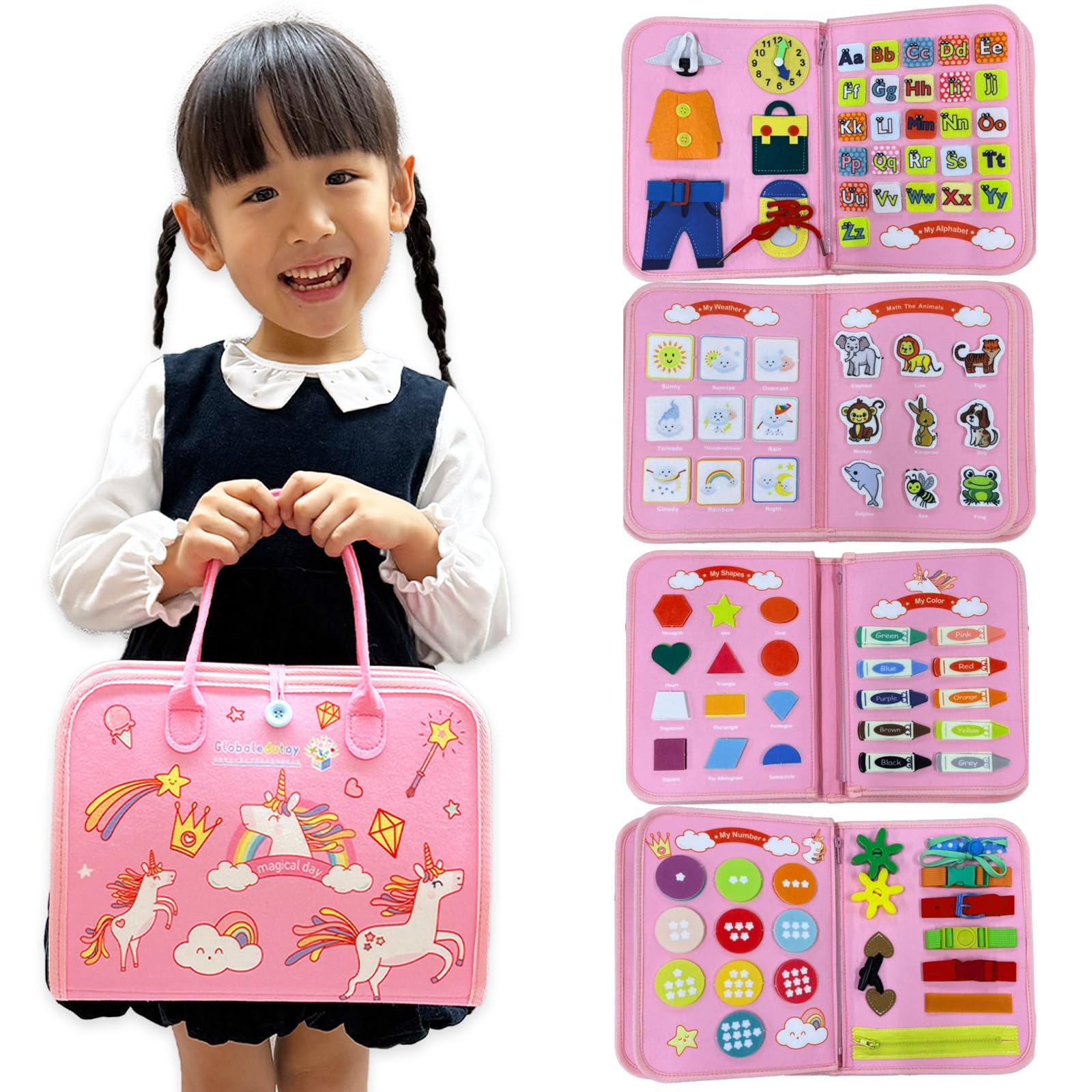 

Globaledutoy Montessori Educational Toy Busy Board for 3-6 Years Old Practice Dressing Up Pink Boys Girls Birthday Gift