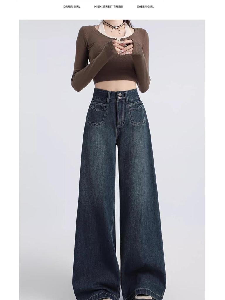 Autumn/Winter 2024 Women's High-Waisted Double-Button Wide-Leg Jeans - American Loose Straight-Fit Floor-Length Pants