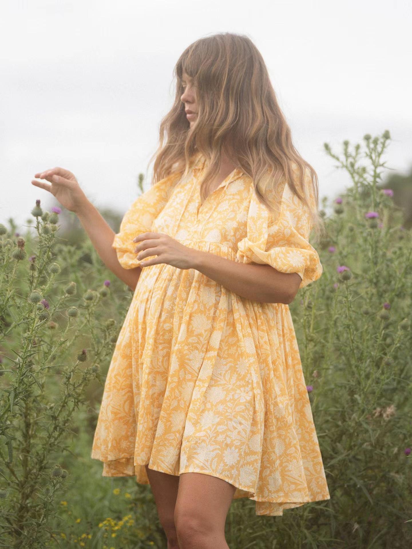 

Women s Floral Print V-Neck Puff Sleeve Dress, Loose Fit Summer Dress, Red White Boho Dress XL жовтий