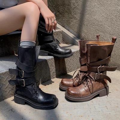 Cowhide Version~ Niche New Platform Knight Boots Leather Buckle Locomotive Boots Retro British Martin Boots Western Boots