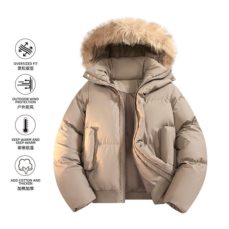 Unisex Winter Thick Cotton Puffer Jacket With Detachable Faux Fur Hooded Collar Oversized Fit Men Women