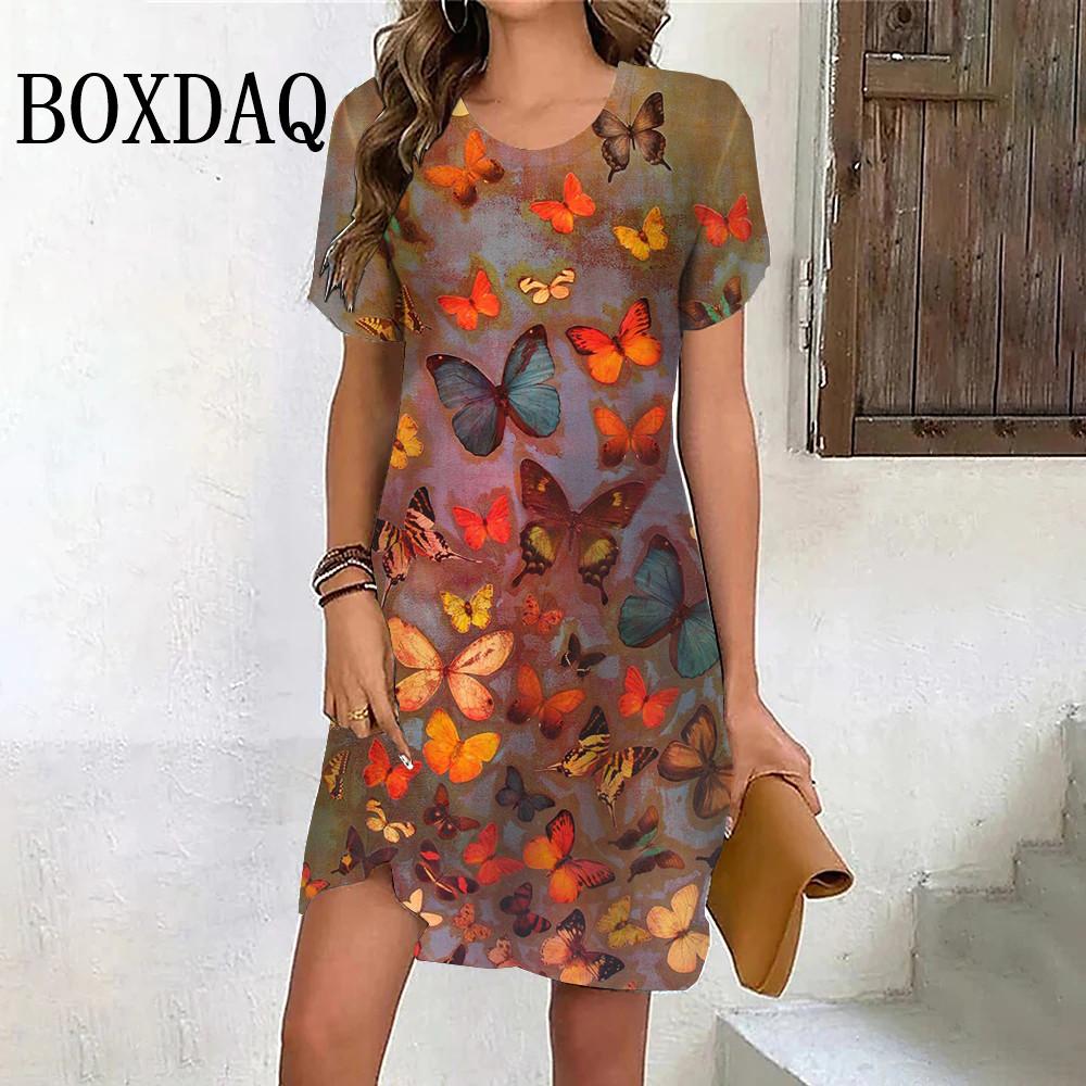 Damenkleid in lockerer Passform, mit Schmetterlings-, Blumen- und Pflanzenmustern, 3D-Druck, kurzen Ärmeln, Sommer-Freizeitkleidung für Damen