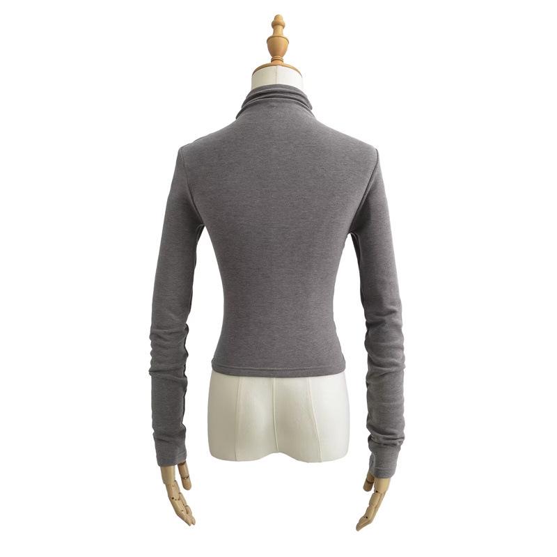 High Neck Pleated Design Waist-Cinching Long Sleeve T-Shirt for Women - Autumn/Winter