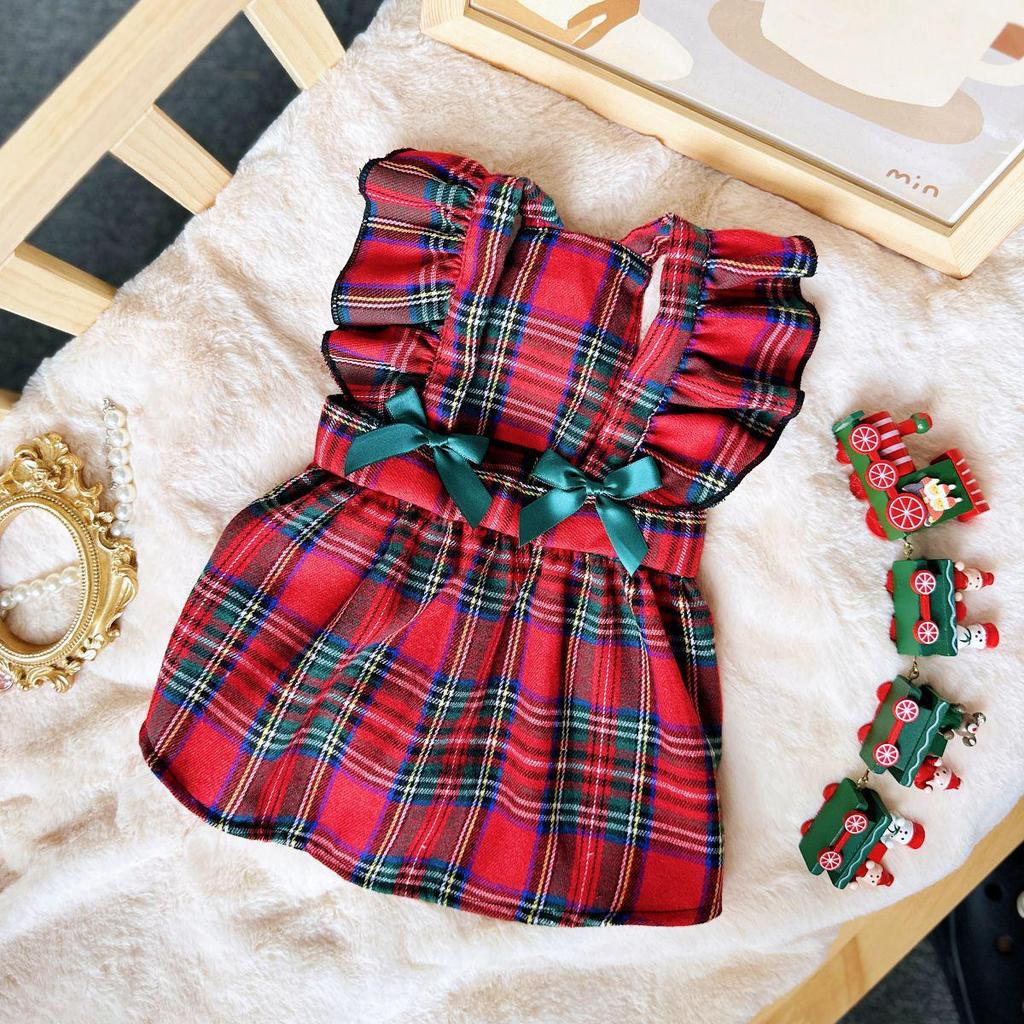 Pet Christmas Dresses: Cute Bowknot Plaid Overalls for Dogs and Cats