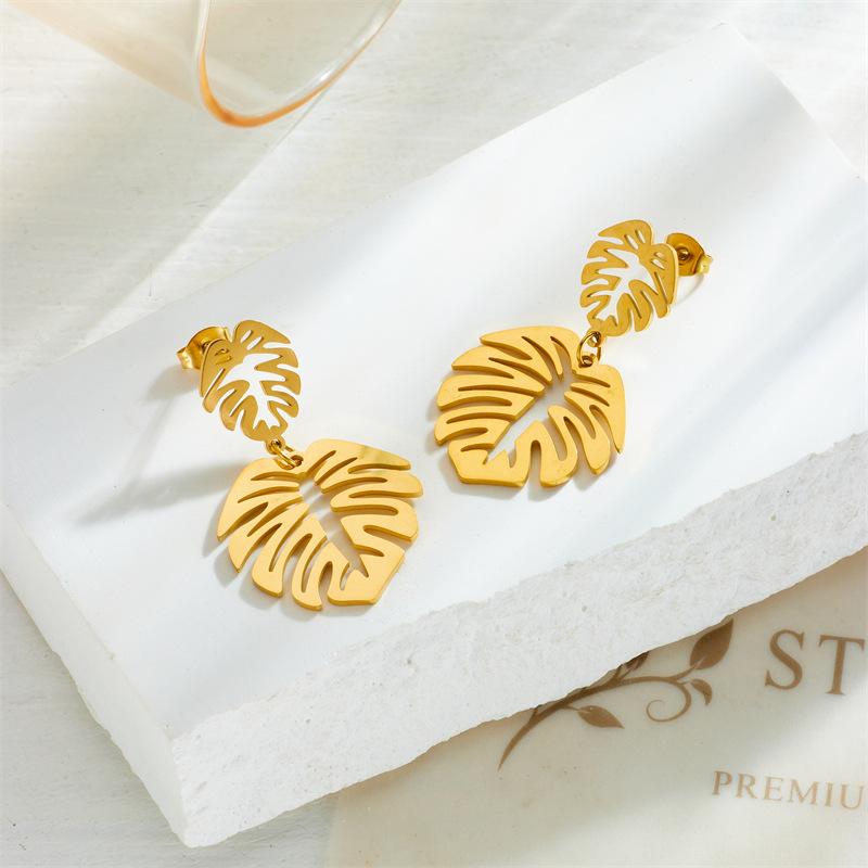 Gold Monstera Leaf Drop Earrings for Women