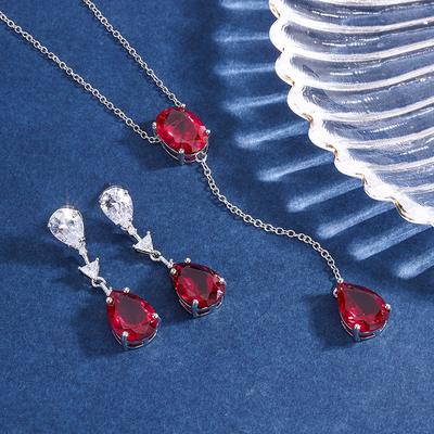Schmuck Simulation Farbiger Schatz Set Simulation Rote Glas Ohrringe 10 * 14 Anhänger Halskette 10 * 14 Set