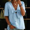 Women V Neck Short Sleeve Bow Tie Front Blouse Casual Summer Top