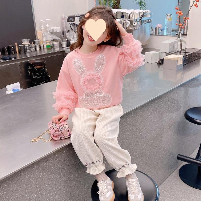 Mädchen Pinkes Fleecegefüttertes Sweatshirt Niedlicher Kaninchenaufdruck Langarm Pullover Top Für Frühling Herbst