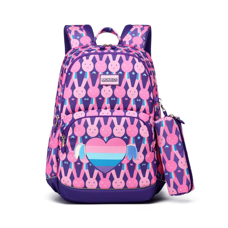 Mok Lightweight Double Shoulder School Backpack & Pencil Case Set for Girls, Grades 1-6