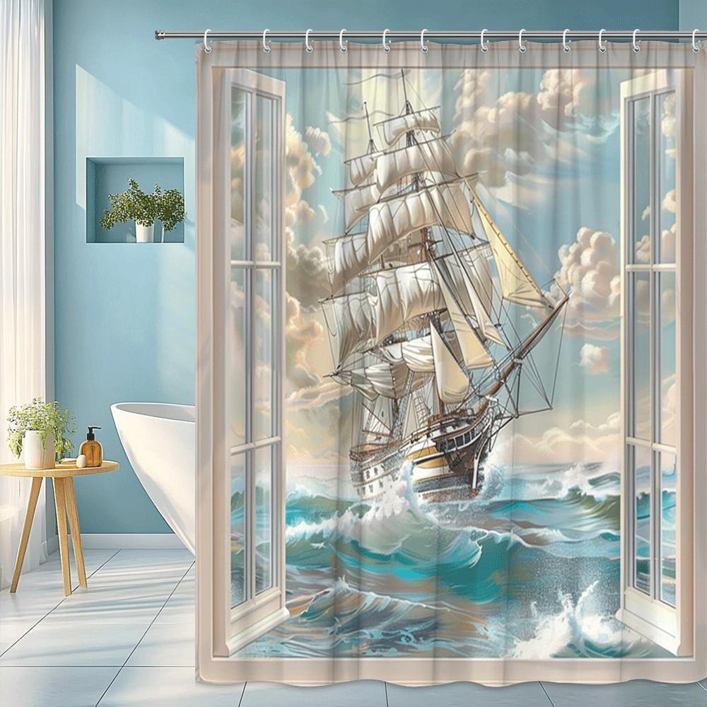 

Sailing Ship Window View Shower Curtain Ocean Waves And Sky Scene Waterproof Easy To Install Enhance Your Space Non-Toxic W60H190(CM)-1 Pcs