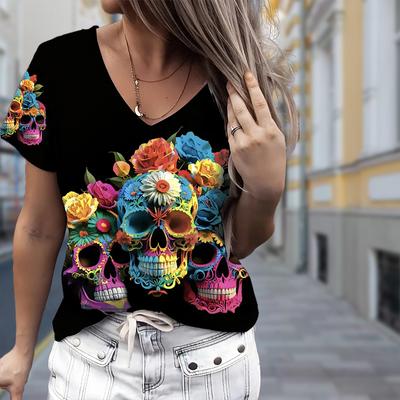 Fashion Skull Printing Blouses Short Sleeve V-Neck T Shirts Casual