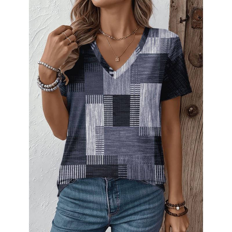 Camiseta casual de verano para mujer con cuello en V y manga corta, con estampado 3D de moda, adecuada para salir o para estar en casa