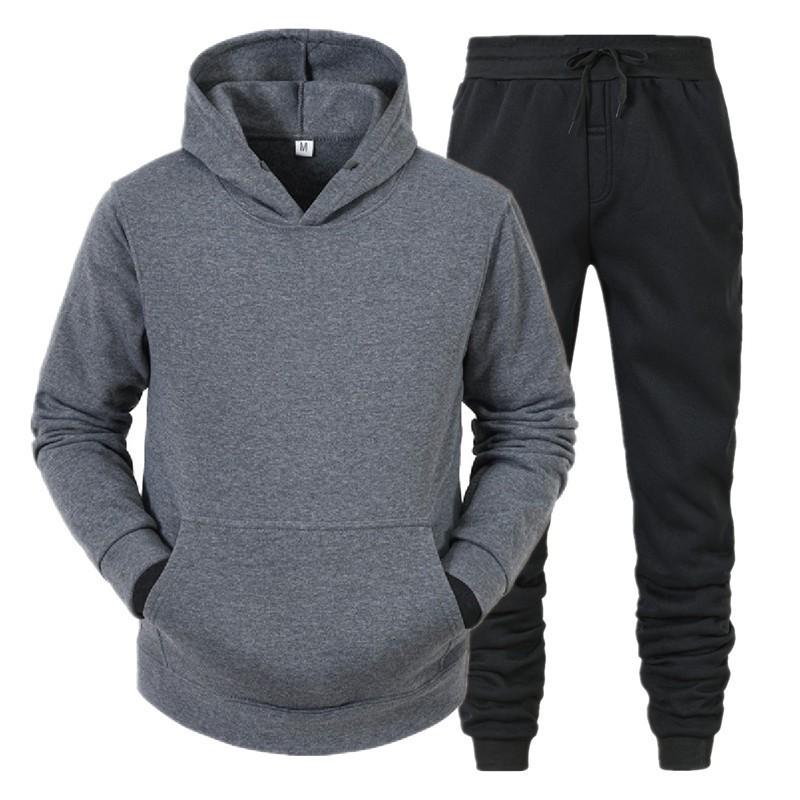 Mens Hooded Fleece Sweatshirt Set Solid Color Sport Tracksuit Winter Warm Long Sleeve Pants