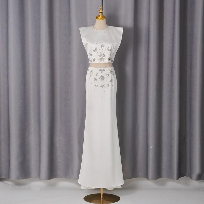 Pure White Light Luxury Diamond-encrusted Fishtail Dress Two-piece Women's Collar Sleeveless + Skirt