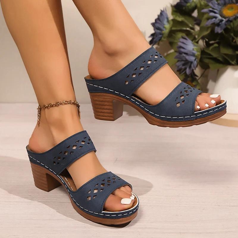 Fashion Retro Hollow Out Thick-Heeled Sandals Women Summer Lightweight High Heels Slippers Woman Plus Size Outdoor Platform Sandles 43
