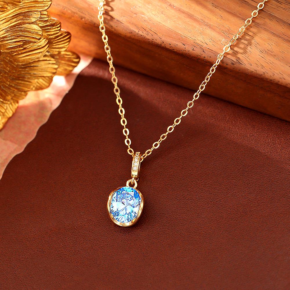 Elegant 24K Gold-Plated Copper Necklace with Blue Zircon and Matching Earrings - Versatile, Romantic, and Fashionable Clavicle Chain Set