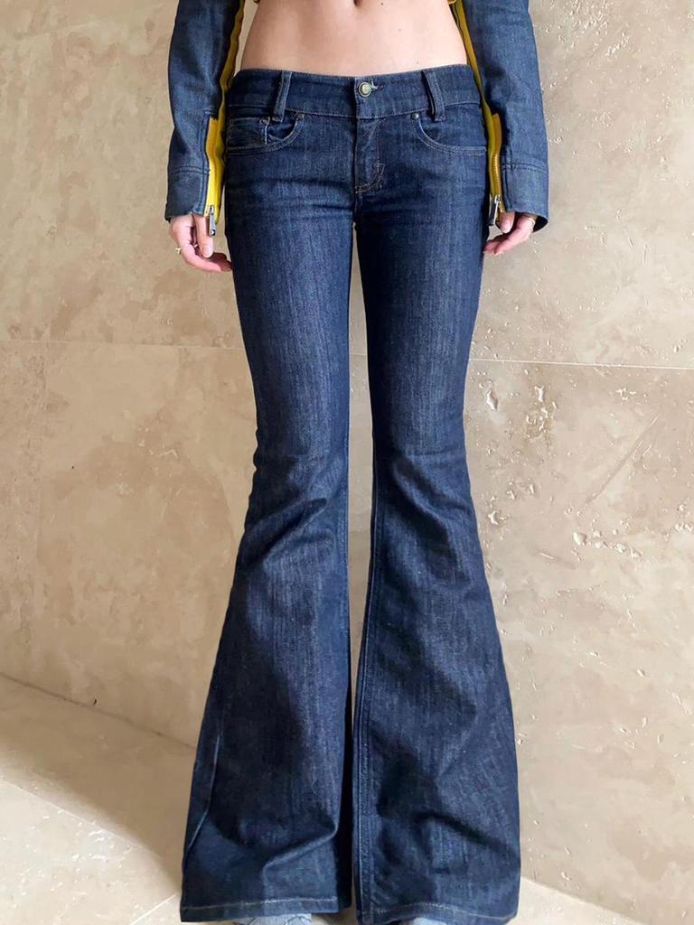 Deep Blue Low-Rise Flared Jeans - Street Style Slim Fit