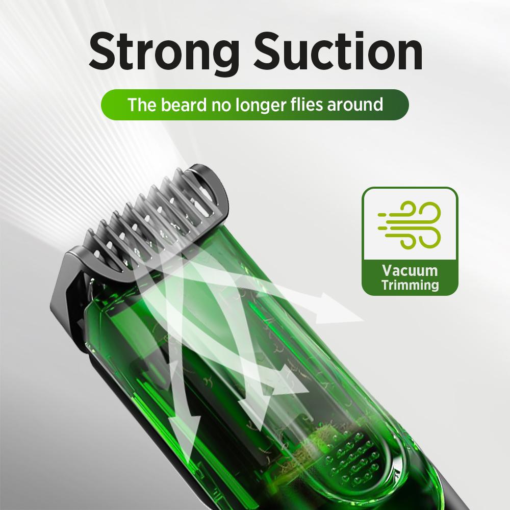 Cordless Men Beard Trimmer Electric Shaver IPX6 Waterproof Built-in Vacuum Clipper for Mustache Sideburns Grooming Kit