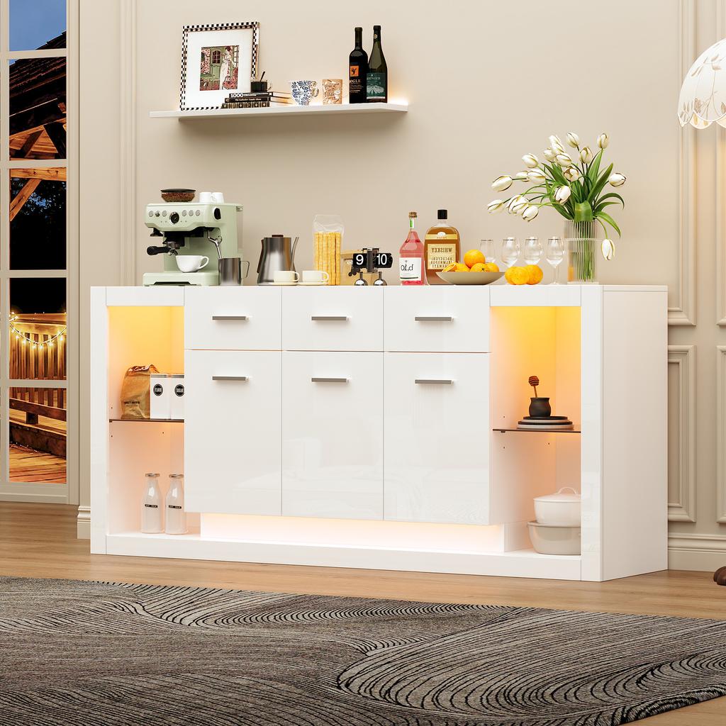 160*40*75cm Side Cabinet with LED Light Strip and 3 Drawers, Chest of Drawers with 14 Storage Compartments, Tempered Glass Bottom Panel, White