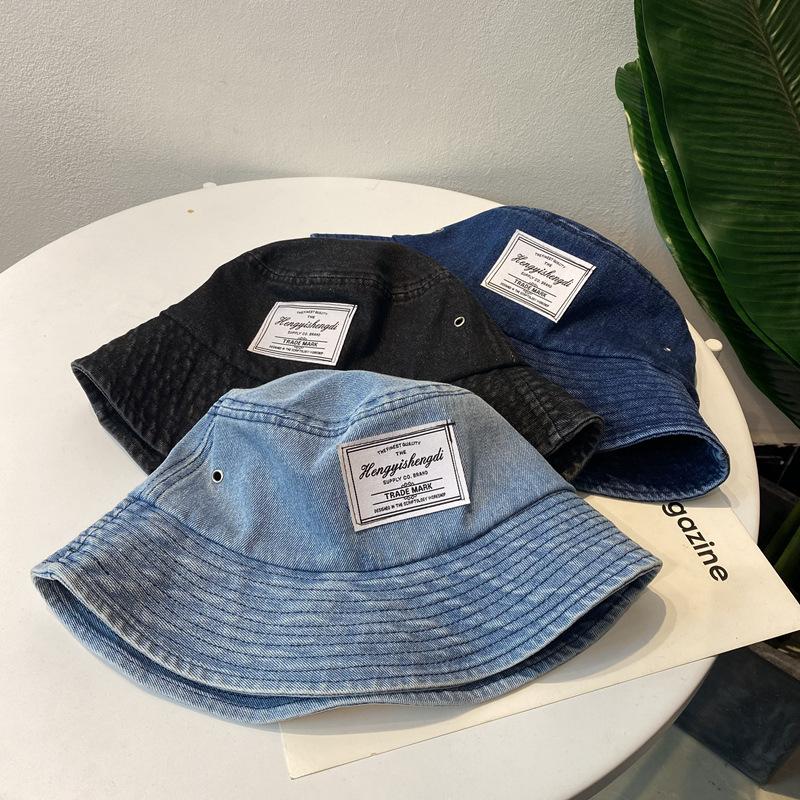 Korean and Japanese Style Versatile Denim Patch Fisherman Hat, Spring and Summer Retro Hong Kong Style Street Sun Protection Bucket Hat for Women