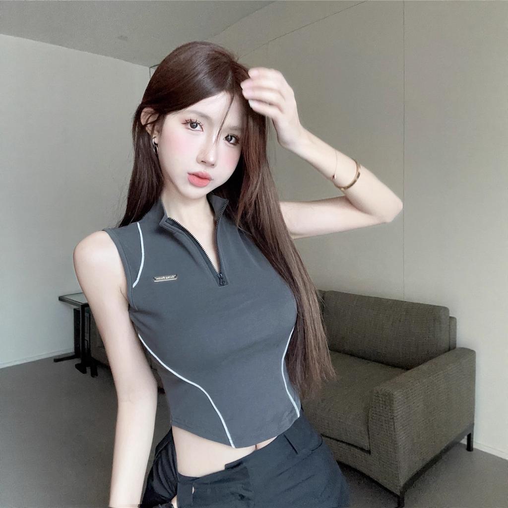 Sports Half Zipper Bottom Vest Women's Outer Wear Small Suspender Lines Spice Girl Skinny High Waist Sleeveless Top