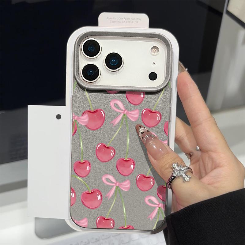 Custodia con Motivo di Frutti di Ciliegia Cristallini e Fiocchi per iPhone 17 Pro Max Copertura Morbida in Silicone con Texture in Pelle per iPhone 16 15 14 13 Pro 12 11 16E Air