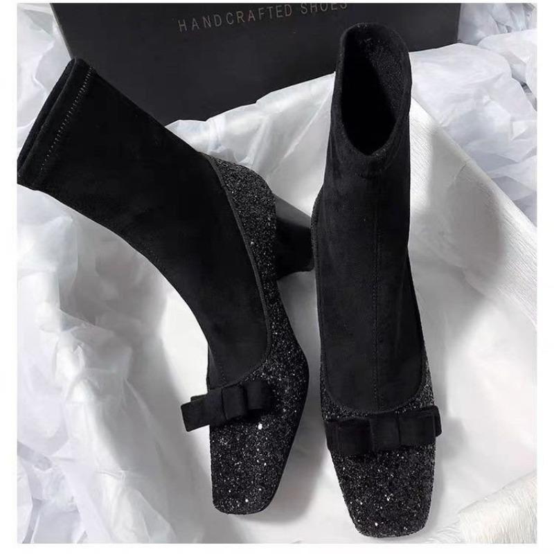 Sequin Booties Women's Fashion Square Toe Bow Paneled Non-Slip Wear-Resistant Skinny Boots